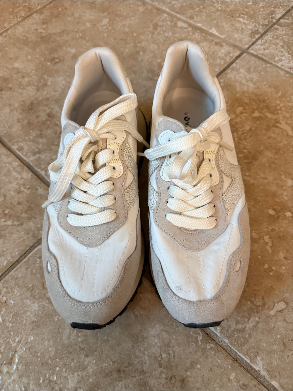 Victoria White and Beige Suede Accent Sneakers